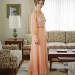 🧡 Vintage 70s Peach Maxi Gown Ruffle Boho L 🍑